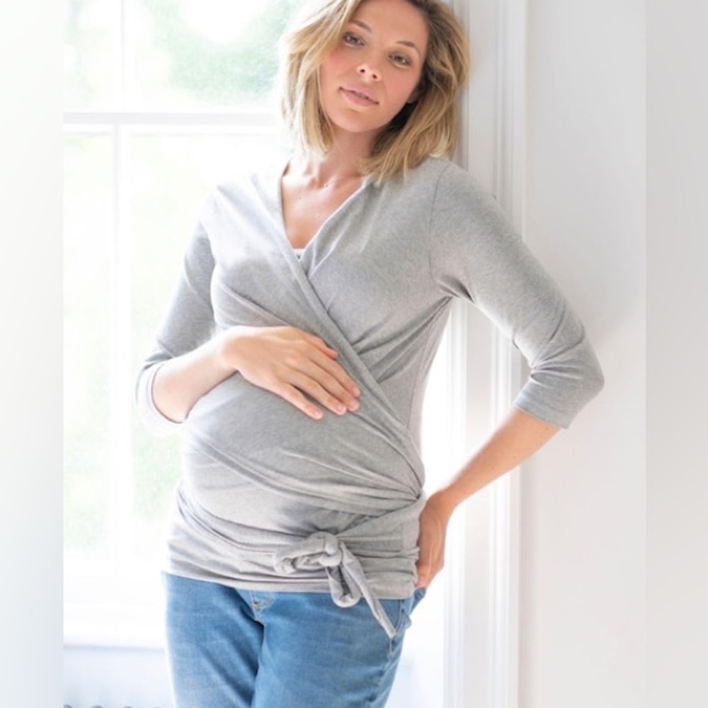 Seraphine Grey Maternity Cotton ¾ Sleeve Skin to Skin Wrap Top Size Small